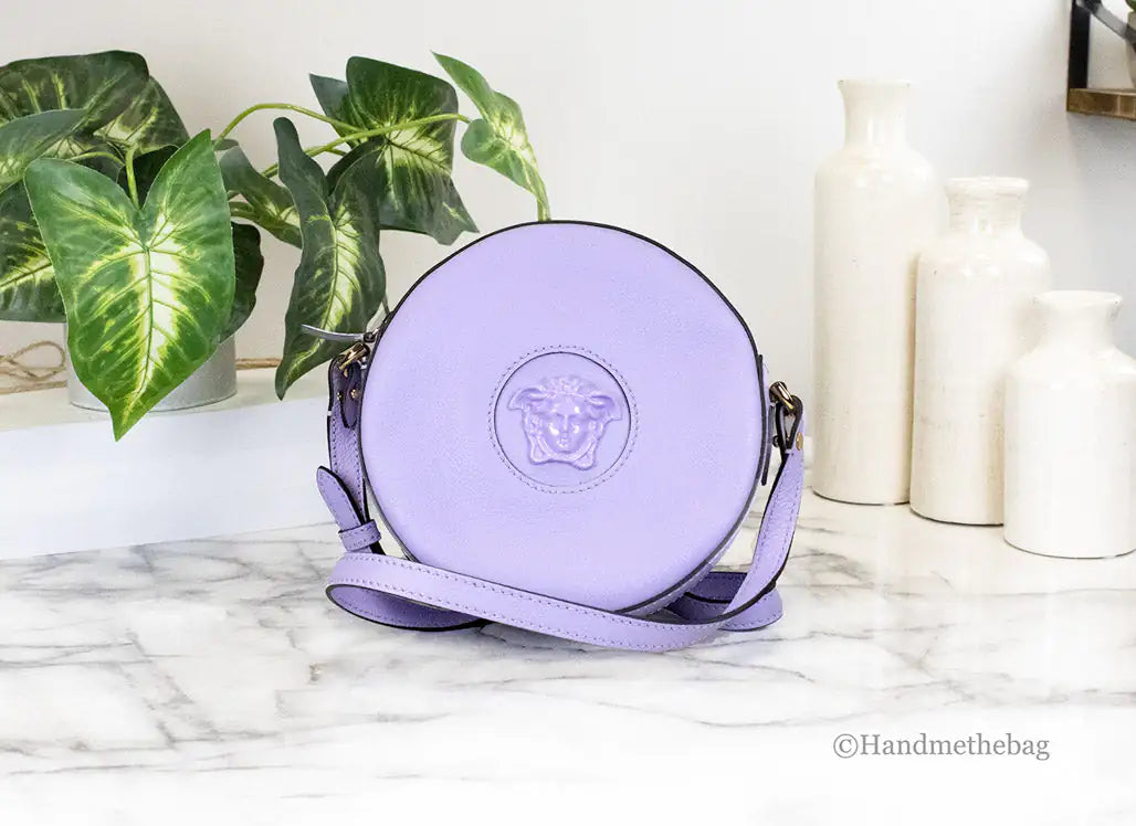 Versace Round Disco Lilac Leather Camera Case Crossbody Bag